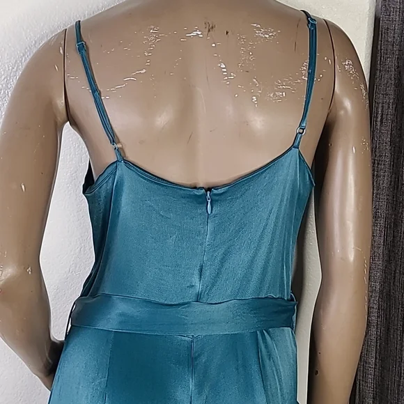 Jumpsuit Size Large Teal Green Satin Dressy Culotte Pants Drape Front Festive - Picture 5 of 9